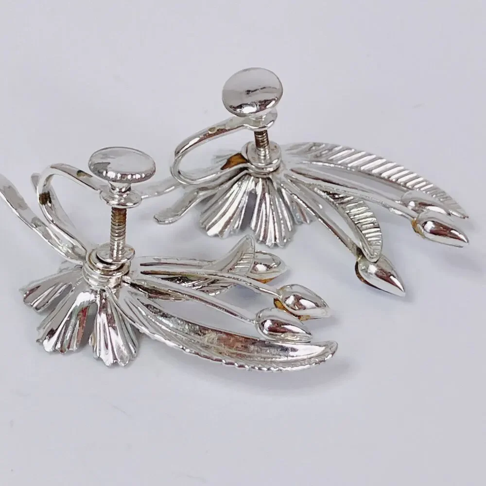 Vintage Mid Century Floral Spray Earrings Silver Tone Blue Rhinestone Screwback